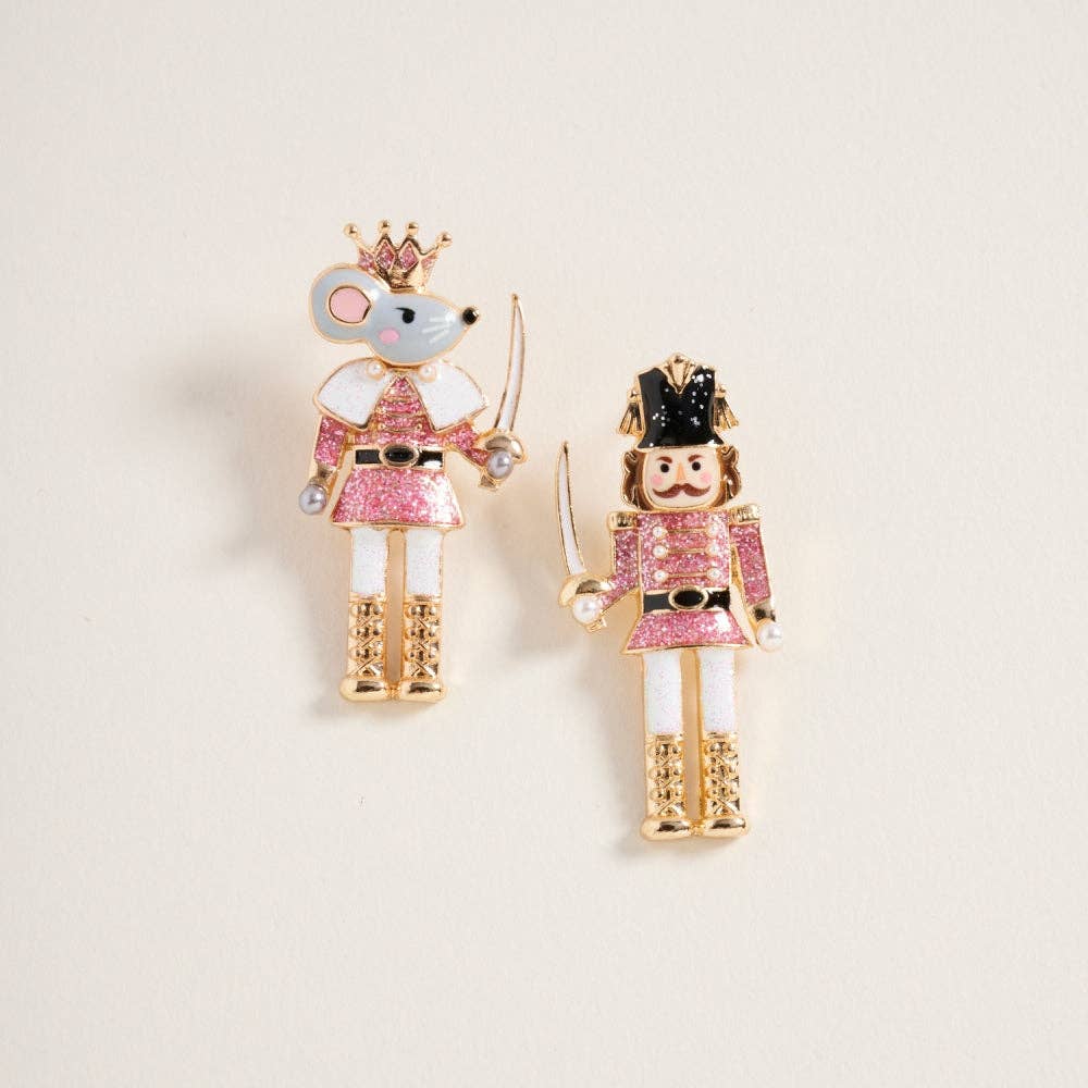 Earrings Christmas Glitter Mouse King Nutcracker Pink