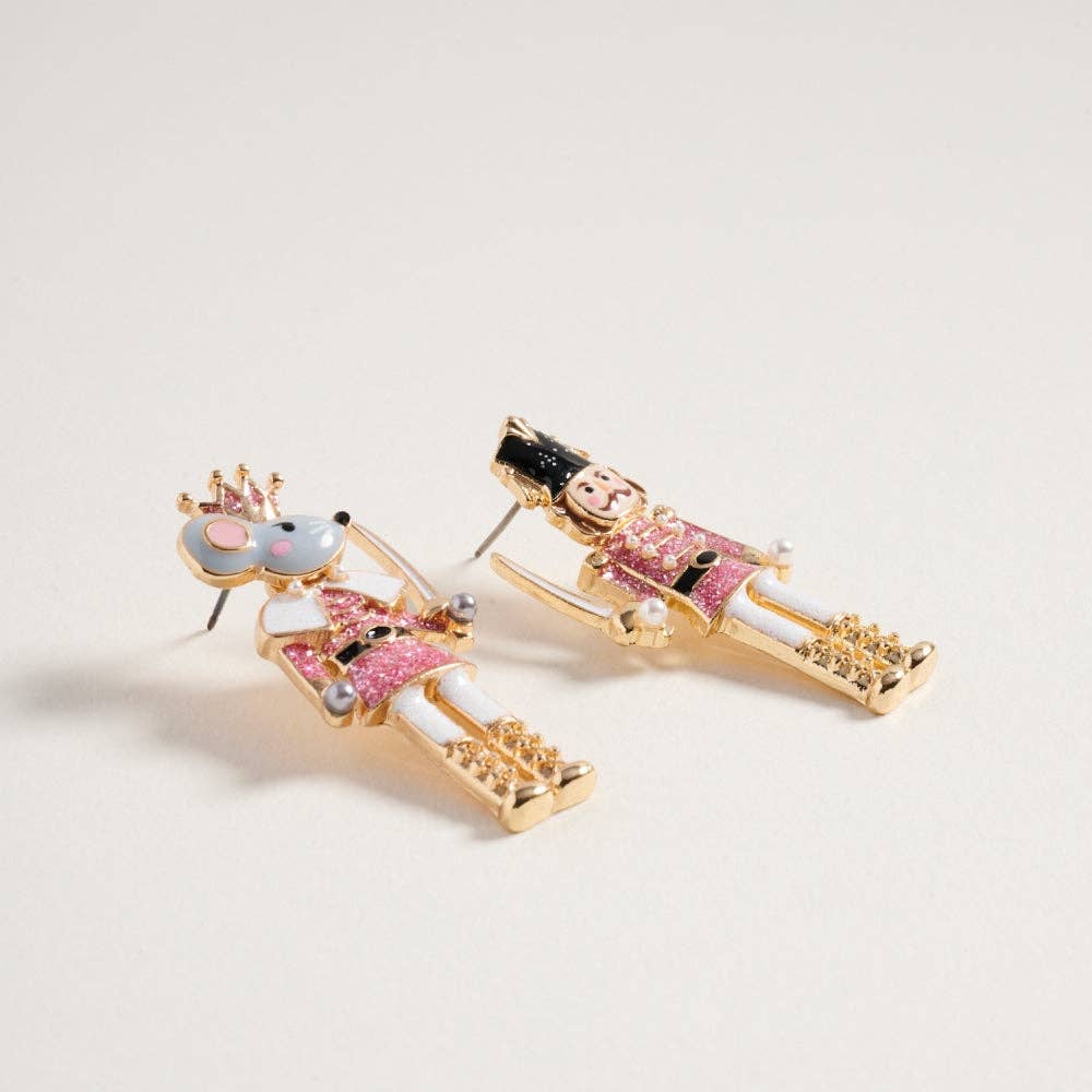 Earrings Christmas Glitter Mouse King Nutcracker Pink