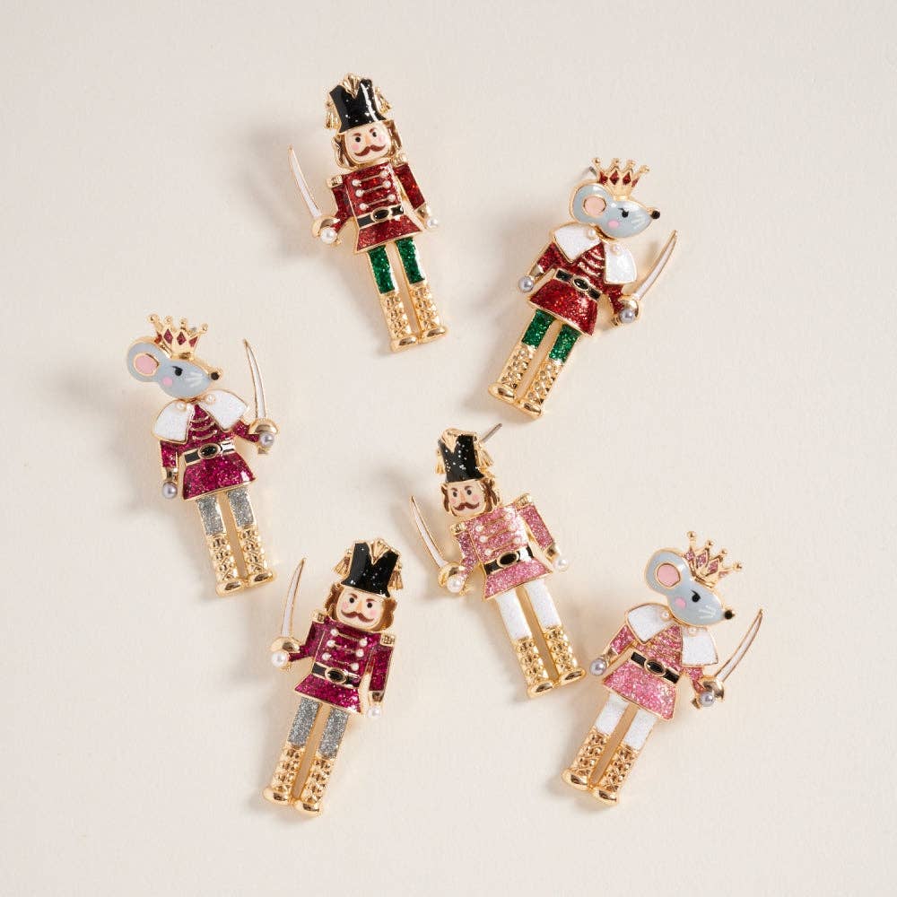 Earrings Christmas Glitter Mouse King Nutcracker Pink